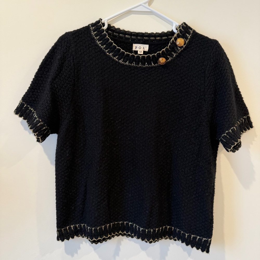 POL Mohair Wool blend Tweed Gold Trim and Buttons Short Sleeve Top Black M